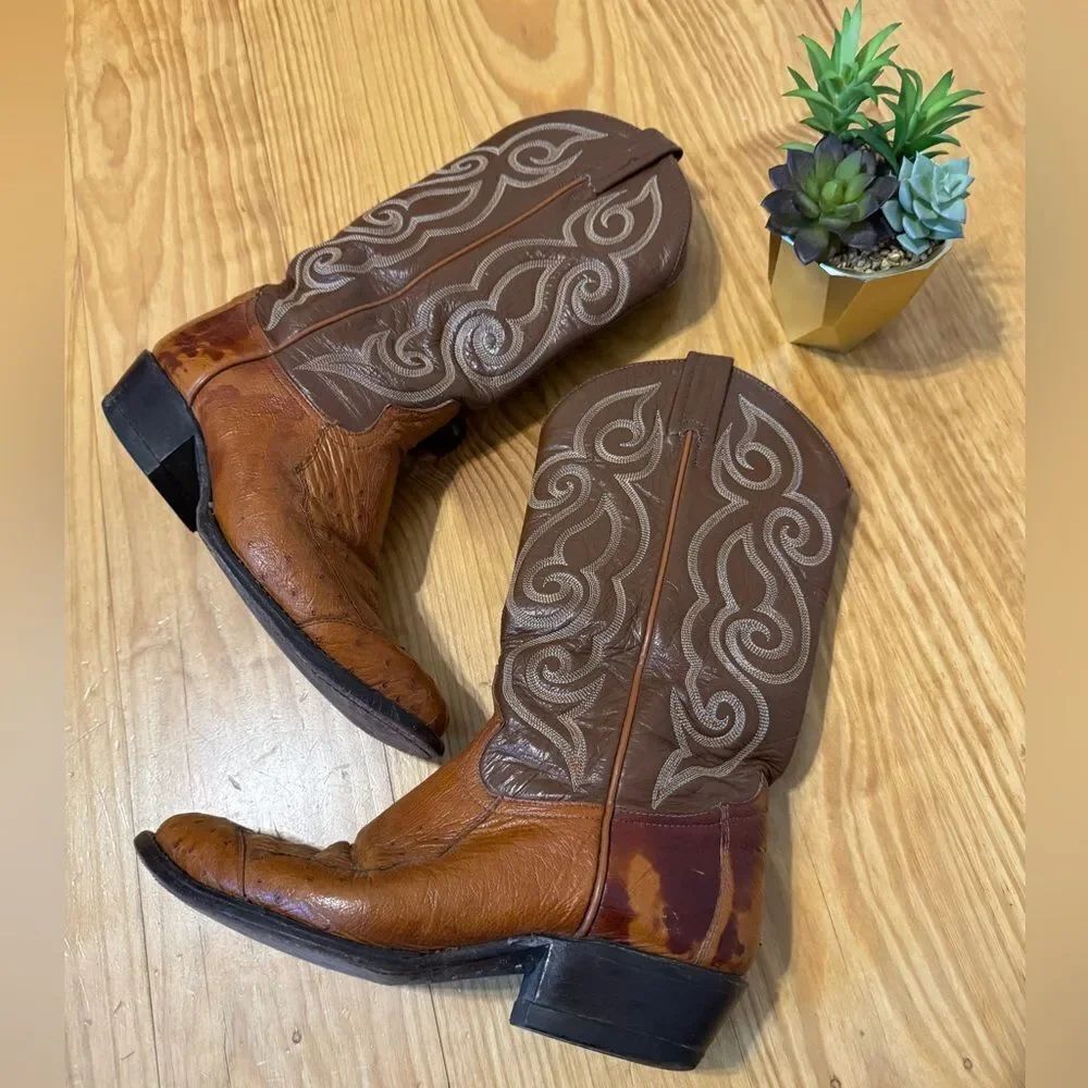 Vintage Tony Lama Exotic Ostrich Quill Western Cowboy Boots 8D Made in USA